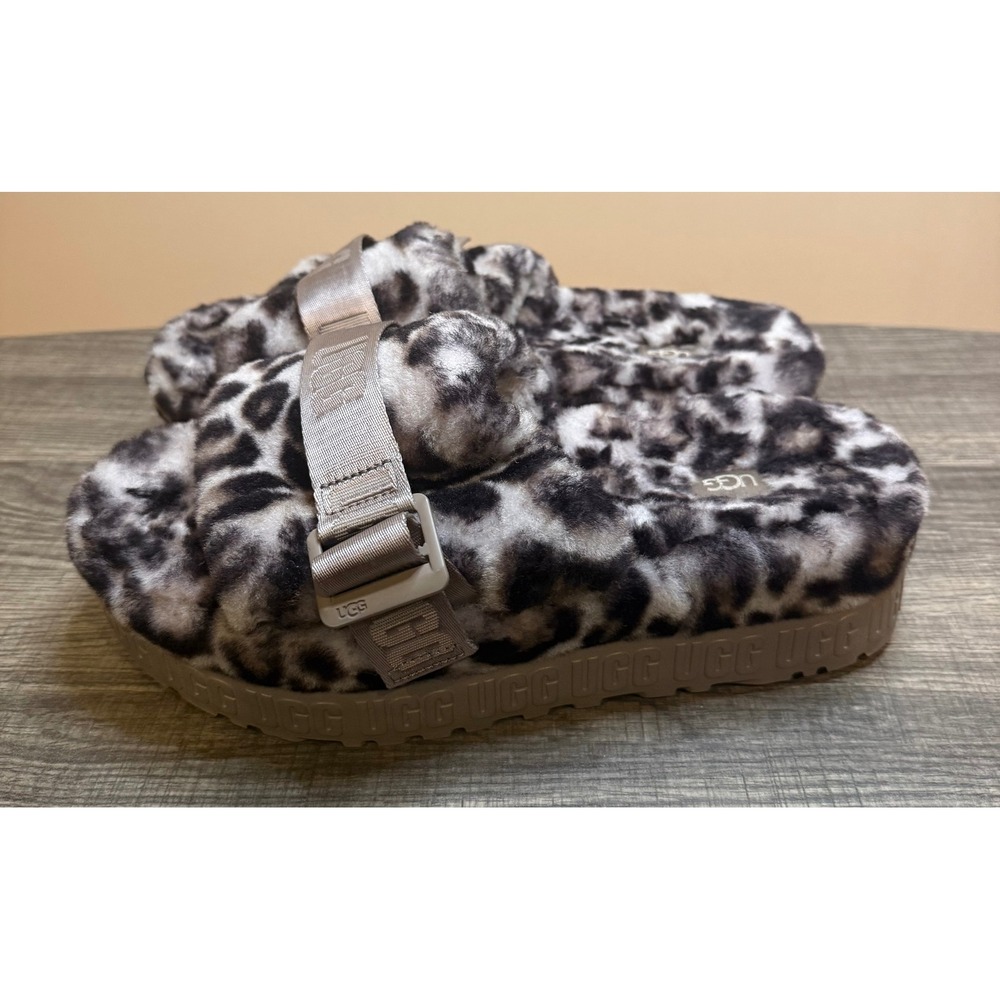 UGG Fuzzita Leopard Print Platform Slides Black White Animal Print Slippers - Picture 4 of 5